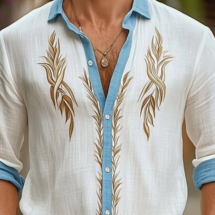 Men's Cotton Linen Shirt | Gold Embroidered Long Sleeve | Casual Summer Top | Relaxed Fit Breathable Fabric | Elegant Design | Versatile Wardrobe Essential | Sizes S-3XL