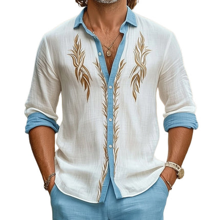 Men's Cotton Linen Shirt | Gold Embroidered Long Sleeve | Casual Summer Top | Relaxed Fit Breathable Fabric | Elegant Design | Versatile Wardrobe Essential | Sizes S-3XL