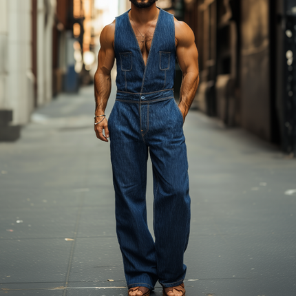 Men's Casual Jumpsuit | Tencel Denim Vest | Spring Summer Fashion | Relaxed Fit | Functional Pockets | Breathable Fabric | Comfortable All-Day Wear