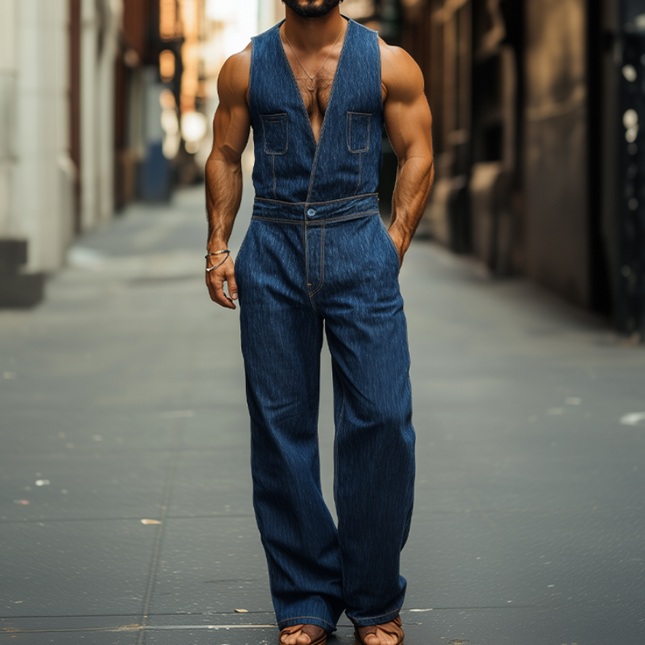 Men's Casual Jumpsuit | Tencel Denim Vest | Spring Summer Fashion | Relaxed Fit | Functional Pockets | Breathable Fabric | Comfortable All-Day Wear