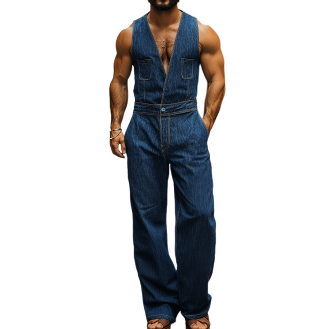 Men's Casual Jumpsuit | Tencel Denim Vest | Spring Summer Fashion | Relaxed Fit | Functional Pockets | Breathable Fabric | Comfortable All-Day Wear
