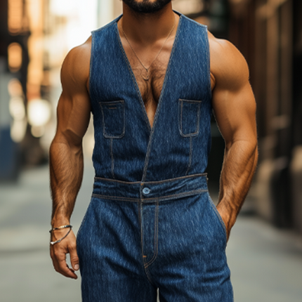 Men's Casual Jumpsuit | Tencel Denim Vest | Spring Summer Fashion | Relaxed Fit | Functional Pockets | Breathable Fabric | Comfortable All-Day Wear