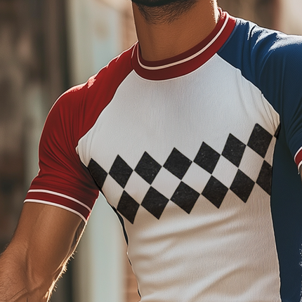 Men's T-Shirt | Retro Sports Style | Diamond Print | Colorblock Design | Round Neck | Short Sleeve | Breathable Fabric | Comfortable Fit | Casual & Active Wear