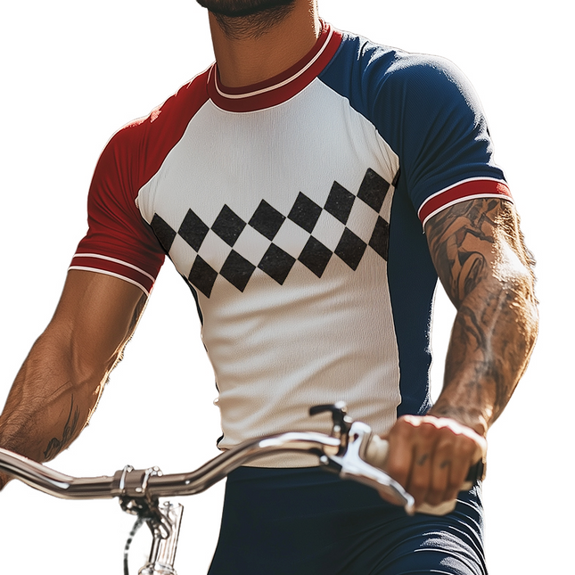 Men's T-Shirt | Retro Sports Style | Diamond Print | Colorblock Design | Round Neck | Short Sleeve | Breathable Fabric | Comfortable Fit | Casual & Active Wear