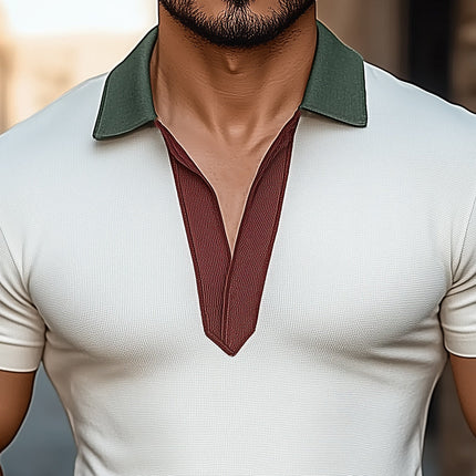 Men's V-Neck T-Shirt | Colorblock Design | Short Sleeve | Summer Breathable Cotton Blend | Casual Top | Stylish Everyday Comfort