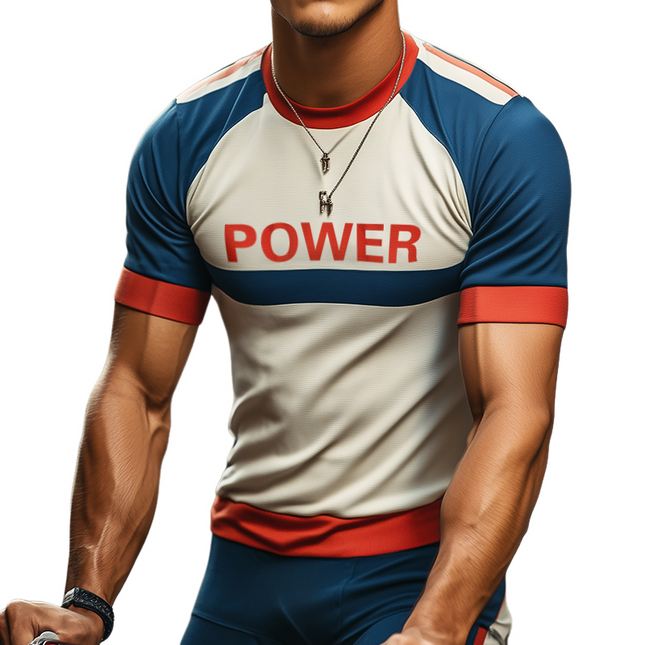 Men's Vintage Style Color Block T-Shirt | "POWER" Graphic Print | Short Sleeve | Round Neck | Breathable Cotton Blend | Casual Sportswear | Comfortable Relaxed Fit | Ideal for Active Lifestyle