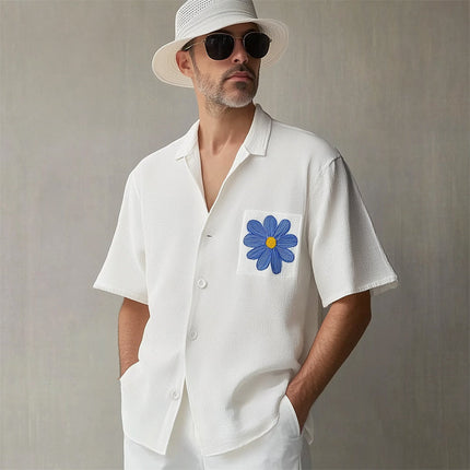 Men's Embroidered Dress Shirt | Summer Textured Fabric | Small Blue Flower Design | Modern Fit | Breathable Comfort | Versatile Style