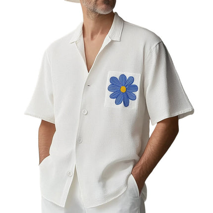 Men's Embroidered Dress Shirt | Summer Textured Fabric | Small Blue Flower Design | Modern Fit | Breathable Comfort | Versatile Style