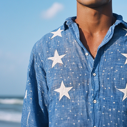 Men's Retro Linen Shirt | Star Embroidery | Lapel Collar | Long Sleeve | Casual Dress Top | Breathable Lightweight Fabric | Versatile Stylish Wear | Different Sizes Available | Ideal for Casual & Semi-Formal Events