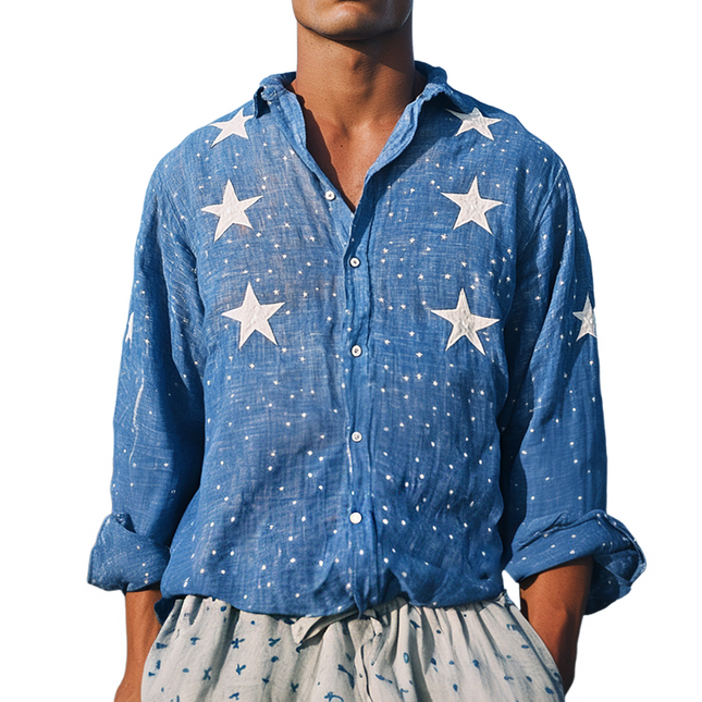 Men's Retro Linen Shirt | Star Embroidery | Lapel Collar | Long Sleeve | Casual Dress Top | Breathable Lightweight Fabric | Versatile Stylish Wear | Different Sizes Available | Ideal for Casual & Semi-Formal Events