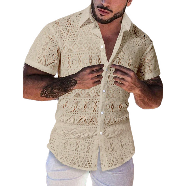 Men's Vintage Lace Shirt | Short Sleeve | Classic Lapel | Retro Fashion | Elegant Design | Relaxed Fit | Versatile Colors | Sophisticated Style | Casual to Semi-Formal | High-Quality Material