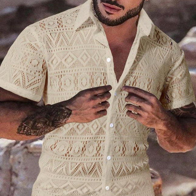 Men's Vintage Lace Shirt | Short Sleeve | Classic Lapel | Retro Fashion | Elegant Design | Relaxed Fit | Versatile Colors | Sophisticated Style | Casual to Semi-Formal | High-Quality Material