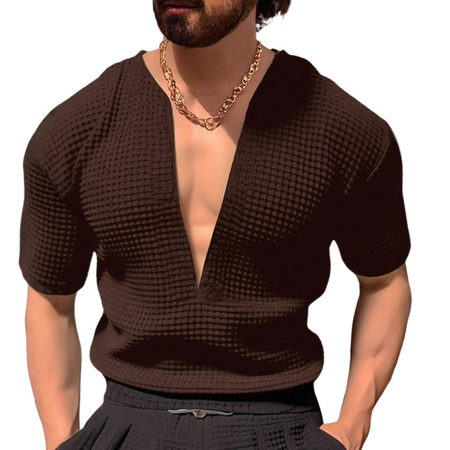 Men's Short-Sleeve V-Neck Waffle T-Shirt | Solid Color | Breathable Soft Fabric | Relaxed Fit | Versatile Casual Tee