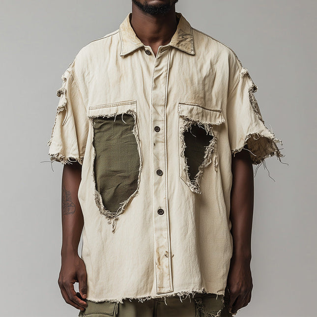 Men's Retro Denim Patchwork Shirt | Short Sleeve Casual Button-Down | Vintage Style | Comfortable Fit | Durable Wear | Spring Fashion