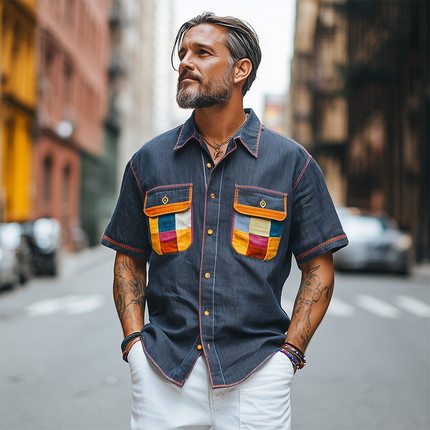 Men's Color-block Short-sleeved Shirt | Spring Fashion | Casual Cotton Linen Blend | Breathable Fabric | Relaxed Fit | Durable Construction | Easy Pairing | Trendy Design | Ideal for Warm Weather
