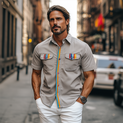 Men's Spring Fashion Shirt | Casual Short Sleeve | Contrast Stripe Pocket | Plain Cotton | Relaxed Fit | Versatile Style | Breathable Fabric | Easy Care | Ideal for Spring