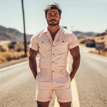 Men's Spring Fashion | Casual Slim Fit Jumpsuit | Twill Cotton Fabric | Short Sleeve | Shirt Shorts Design | Functional Pockets | Versatile Style | Cool Summer Outfit