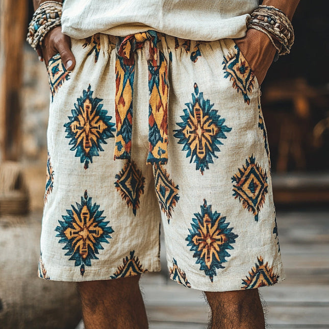 Men's Star Pattern Linen Shorts | Retro Style Casual Shorts | Colorful Knitted Design | Elastic Waistband | Breathable Fabric | Relaxed Fit | Comfort & Style for Everyday Wear