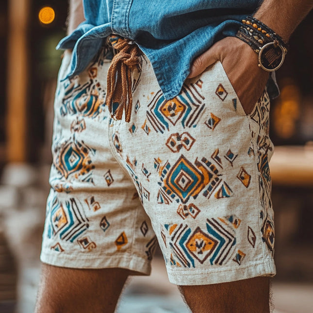 Men's Ethnic Print Linen Shorts | Retro Casual Style | Comfortable Elastic Waistband | Lightweight Breathable | Relaxed Fit | Summer Wardrobe Essential | Warm Weather Ready | Sizes S-3XL
