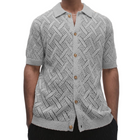 Men's Slim Fit Short Sleeve Cardigan | Geometric Jacquard Knit | Lapel Detail | Breathable Lightweight Fabric | Versatile Wardrobe Essential | Enhances Physique | Ideal for Layering | Easy Care
