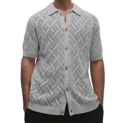 Men's Slim Fit Short Sleeve Cardigan | Geometric Jacquard Knit | Lapel Detail | Breathable Lightweight Fabric | Versatile Wardrobe Essential | Enhances Physique | Ideal for Layering | Easy Care