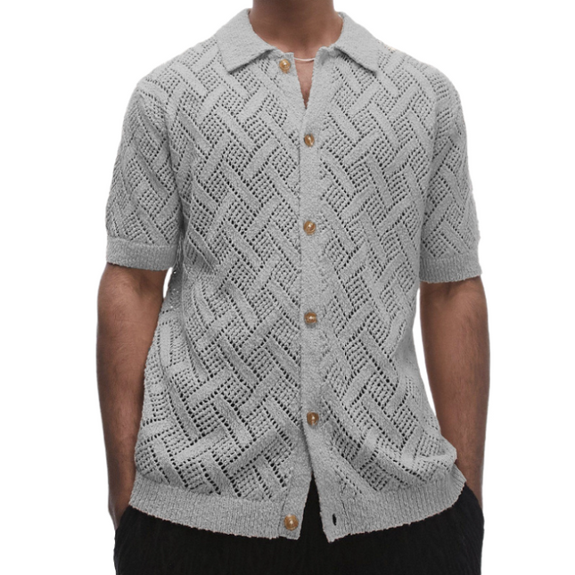 Men's Slim Fit Short Sleeve Cardigan | Geometric Jacquard Knit | Lapel Detail | Breathable Lightweight Fabric | Versatile Wardrobe Essential | Enhances Physique | Ideal for Layering | Easy Care
