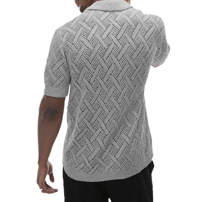Men's Slim Fit Short Sleeve Cardigan | Geometric Jacquard Knit | Lapel Detail | Breathable Lightweight Fabric | Versatile Wardrobe Essential | Enhances Physique | Ideal for Layering | Easy Care