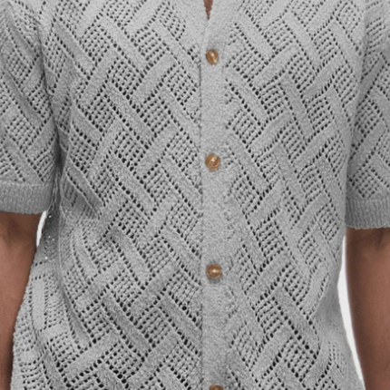 Men's Slim Fit Short Sleeve Cardigan | Geometric Jacquard Knit | Lapel Detail | Breathable Lightweight Fabric | Versatile Wardrobe Essential | Enhances Physique | Ideal for Layering | Easy Care