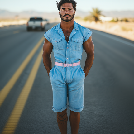 Men's Summer Casual Jumpsuit | Tencel Denim | Multi-Pocket | Stylish Splicing Design | Classic Fit | Breathable Fabric | Easy Care | Versatile One-Piece for Casual and Active Outings
