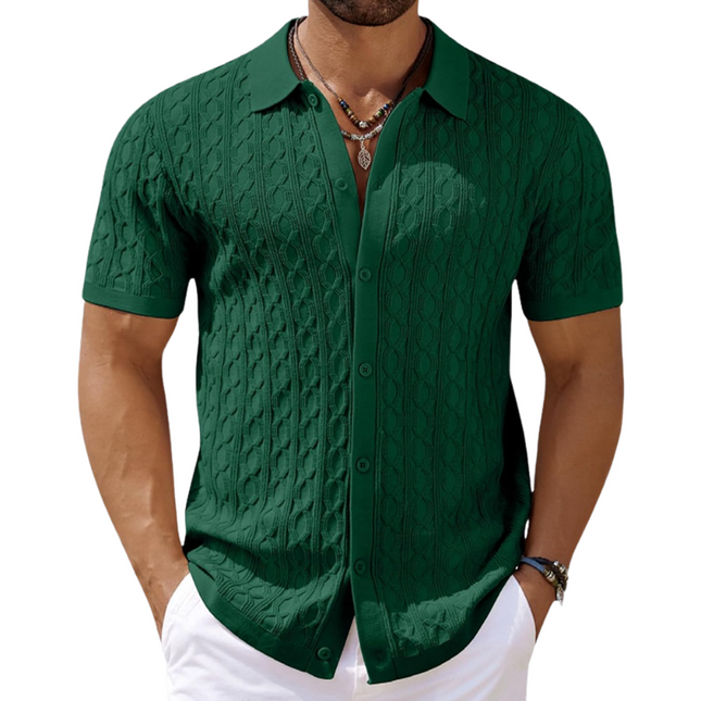 Men's Knitted Cardigan | Slim Fit Geometric Jacquard | Short Sleeve Lapel | Casual Layering Sweater