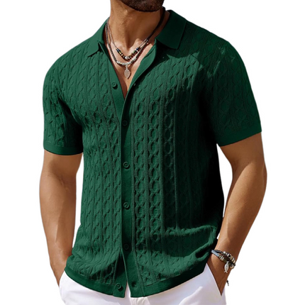 Men's Knitted Cardigan | Slim Fit Geometric Jacquard | Short Sleeve Lapel | Casual Layering Sweater