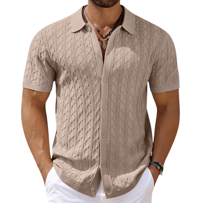 Men's Knitted Cardigan | Slim Fit Geometric Jacquard | Short Sleeve Lapel | Casual Layering Sweater