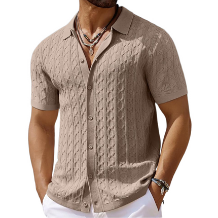 Men's Knitted Cardigan | Slim Fit Geometric Jacquard | Short Sleeve Lapel | Casual Layering Sweater