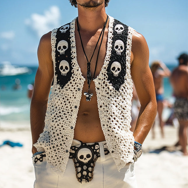 Men's Skull Knit Vest | Vintage Casual Style | Single Breasted | Sleeveless | V-Neck | Comfortable Knit Fabric | Unique Design | Versatile & Stylish Outerwear | Sizes S to 3XL