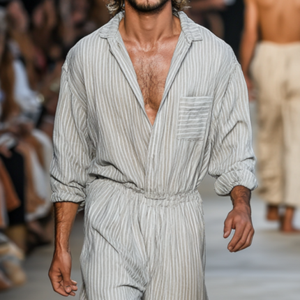 Men's Breathable Cotton Linen Jumpsuit | Striped Lapel Long Sleeve | Loose Fit | Casual | Versatile Comfort | Stylish | Trendy | Functional Pockets