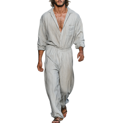 Men's Breathable Cotton Linen Jumpsuit | Striped Lapel Long Sleeve | Loose Fit | Casual | Versatile Comfort | Stylish | Trendy | Functional Pockets