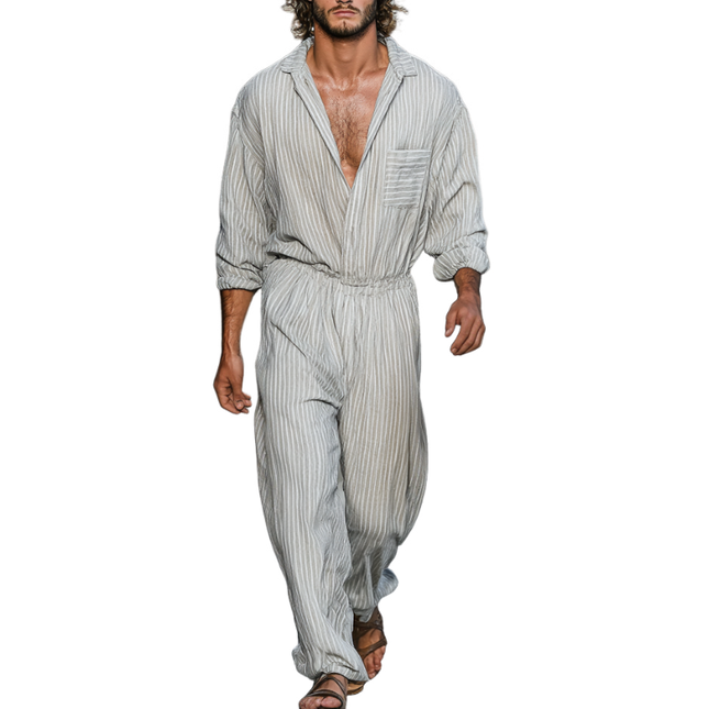 Men's Breathable Cotton Linen Jumpsuit | Striped Lapel Long Sleeve | Loose Fit | Casual | Versatile Comfort | Stylish | Trendy | Functional Pockets