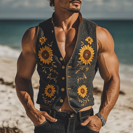 Men's Denim Vest | Sunflower Floral Embroidery | Casual Outerwear | Stylish Layering Piece | High-Quality Blue Denim | Unique Design | Comfortable Fit | Versatile Style | Ideal for Casual Outings