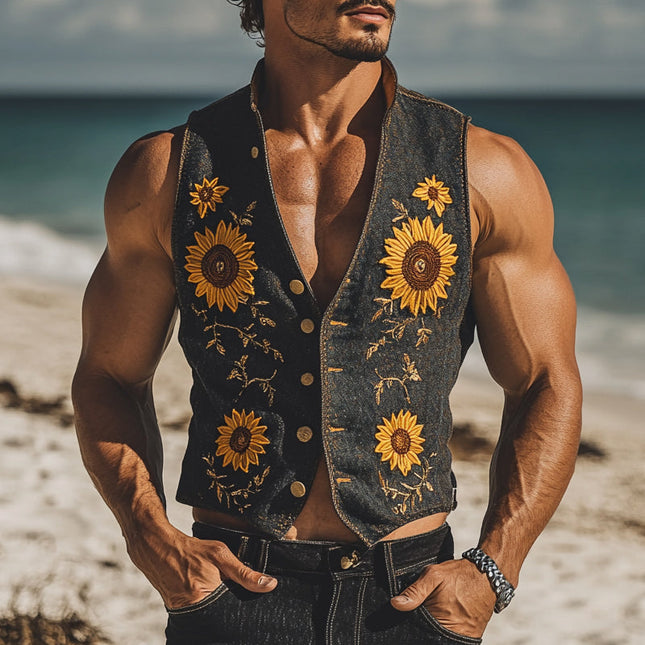 Men's Denim Vest | Sunflower Floral Embroidery | Casual Outerwear | Stylish Layering Piece | High-Quality Blue Denim | Unique Design | Comfortable Fit | Versatile Style | Ideal for Casual Outings