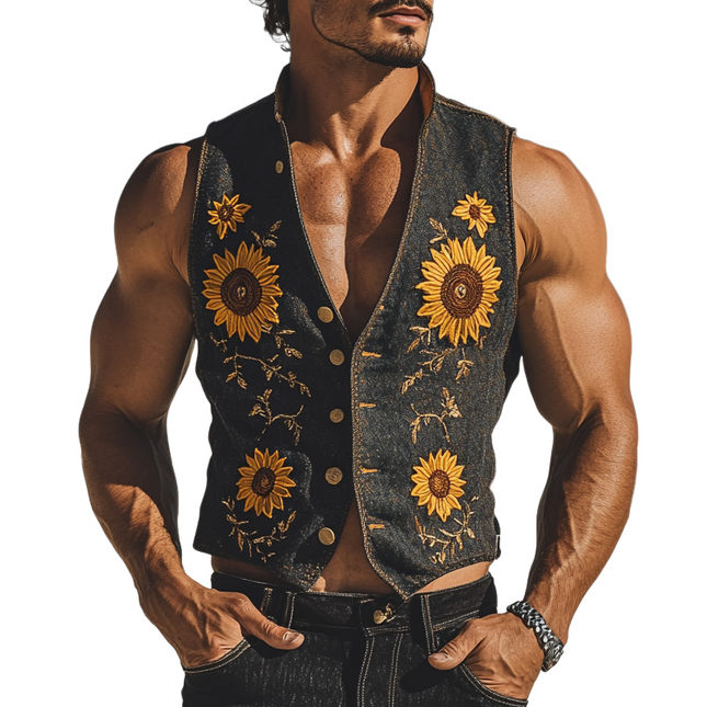 Men's Denim Vest | Sunflower Floral Embroidery | Casual Outerwear | Stylish Layering Piece | High-Quality Blue Denim | Unique Design | Comfortable Fit | Versatile Style | Ideal for Casual Outings