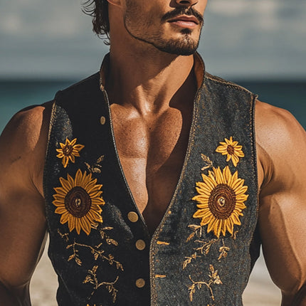 Men's Denim Vest | Sunflower Floral Embroidery | Casual Outerwear | Stylish Layering Piece | High-Quality Blue Denim | Unique Design | Comfortable Fit | Versatile Style | Ideal for Casual Outings