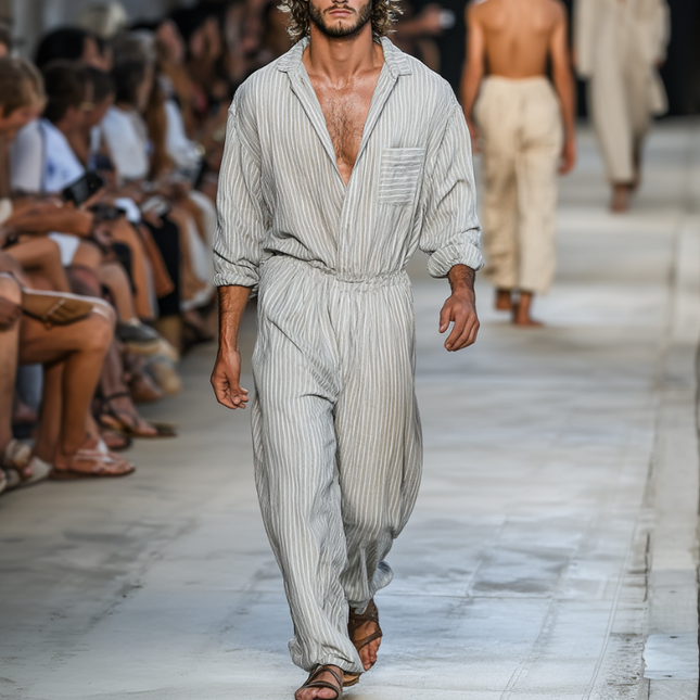 Men's Breathable Cotton Linen Jumpsuit | Striped Lapel Long Sleeve | Loose Fit | Casual | Versatile Comfort | Stylish | Trendy | Functional Pockets