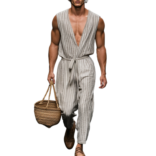 Men's Breathable Cotton Linen Jumpsuit | V-Neck Sleeveless Striped Design | Loose Fit with Belted Waist | Casual Stylish Apparel | Comfortable Summer Attire | Trendy Striped Pattern
