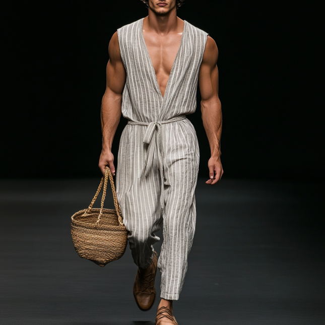 Men's Breathable Cotton Linen Jumpsuit | V-Neck Sleeveless Striped Design | Loose Fit with Belted Waist | Casual Stylish Apparel | Comfortable Summer Attire | Trendy Striped Pattern