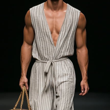 Men's Breathable Cotton Linen Jumpsuit | V-Neck Sleeveless Striped Design | Loose Fit with Belted Waist | Casual Stylish Apparel | Comfortable Summer Attire | Trendy Striped Pattern