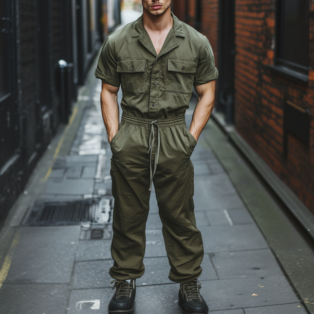 Men's Cotton Jumpsuit | Casual Comfort | Cuban Collar | Chest Pocket | Short Sleeve | Slim Fit | Workwear | Versatile One-Piece | Breathable Fabric | Easy Care | Multiple Sizes