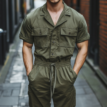 Men's Cotton Jumpsuit | Casual Comfort | Cuban Collar | Chest Pocket | Short Sleeve | Slim Fit | Workwear | Versatile One-Piece | Breathable Fabric | Easy Care | Multiple Sizes