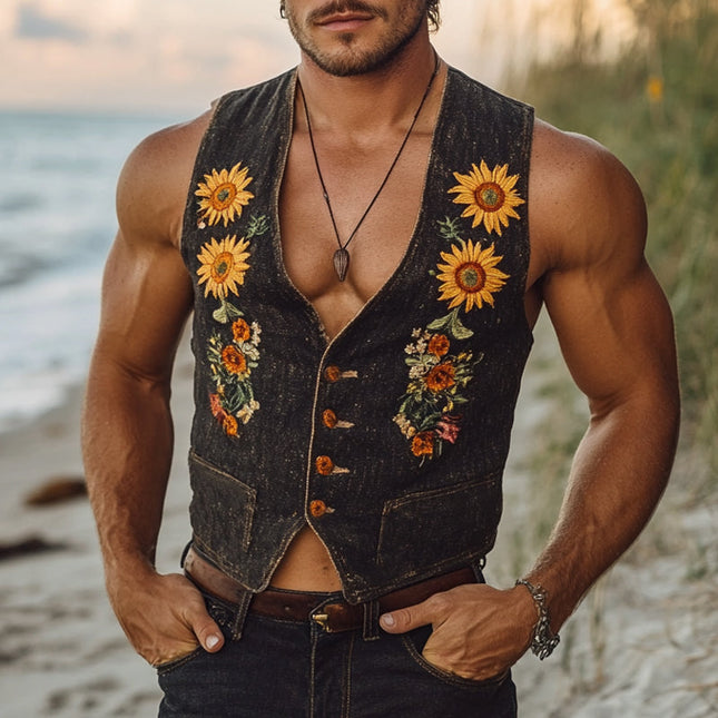 Men's Denim Vest | Sunflower Embroidery | V-Neck Design | Sleeveless Summer Outerwear | High-Quality Durable Fabric | Trendy Casual Layering | Stylish Artistic Detail | Perfect for Warm Weather