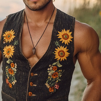 Men's Denim Vest | Sunflower Embroidery | V-Neck Design | Sleeveless Summer Outerwear | High-Quality Durable Fabric | Trendy Casual Layering | Stylish Artistic Detail | Perfect for Warm Weather