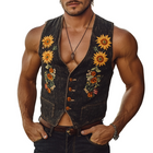 Men's Denim Vest | Sunflower Embroidery | V-Neck Design | Sleeveless Summer Outerwear | High-Quality Durable Fabric | Trendy Casual Layering | Stylish Artistic Detail | Perfect for Warm Weather